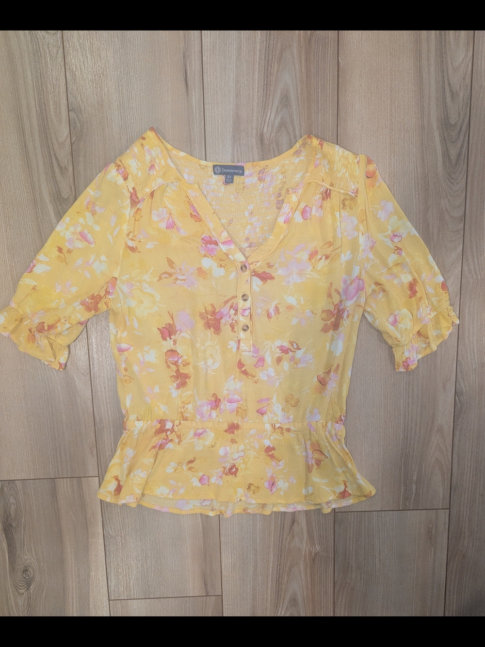 Democracy Yellow Floral Henley Peplum Blouse